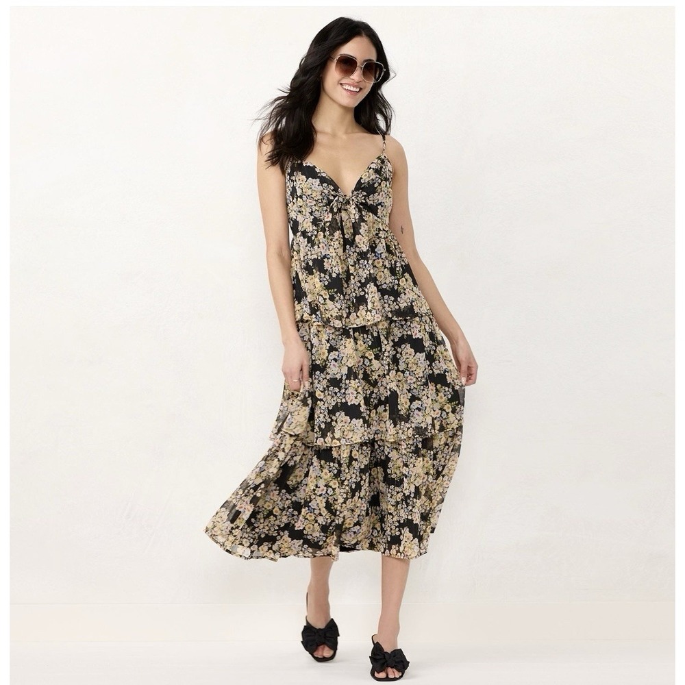 LC Lauren Conrad Knot-Front Midi Dress Size Large Floral Ruffle Hem Tiered Lined